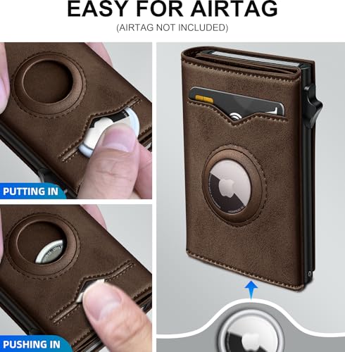 Image of miyozi Airtag Wallet for Men,with Cash Pocket 2 ID Window 9-12 Cards,Metal Case Smart Slim Pop Up Credit Card Holder Flip with Magnetic Closure RFID Blocking Trifold wallet with Gift Box