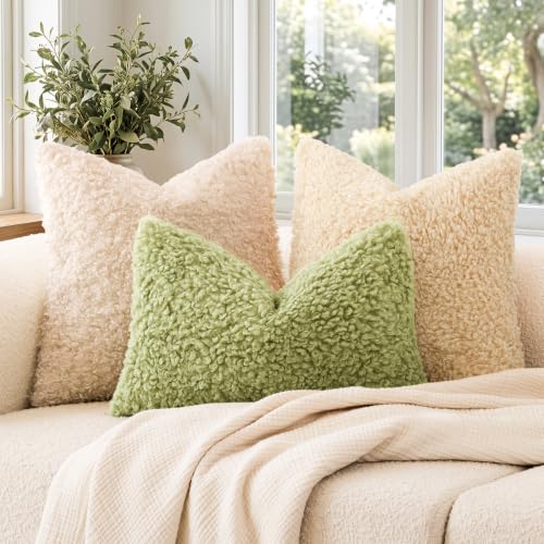 Image of Foindtower Set of 2 Curly Teddy Wool Pillow Covers Decorative Boucle Textured Lumbar Throw Pillow Faux Fur Sherpa Pillowcases Sheepskin Fuzzy Cushion Case for Sofa Bedroom Car 12 inchx20 inch Leaf Green
