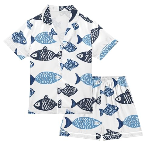 Satin Pajama Sets Short Sleeve Blue Fish Pattern Print Button Down Silky Nightwear 2 Piece PJS 5-14Y