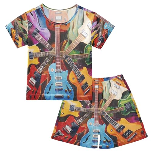 ALAZA Colorful Electric Guitar 3d Music Stylish Pajamas Set Short Sleeve Cotton Sleepwear Summer Pjs 2 Piece 5-14Y