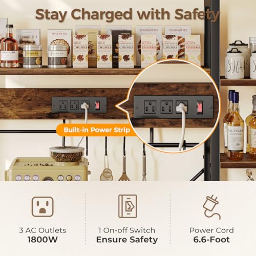 Image of SUPERJARE Larger Bakers Rack with Power Outlets, 6-Tier Microwave Stand, Coffee Bar with 12 S-Shaped Hooks, Kitchen Shelf with Wire Basket, 47.2 x 15.5X 66.9 Inches, Rustic Brown