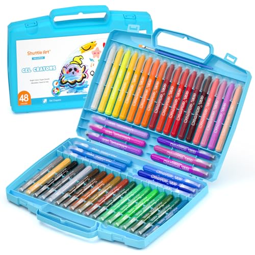 Shuttle Art Ceras de Colores para Niños, 48 Colores Pinturas Gel Acuarelable, Sistema Twist No Tóxicos con 1 Pincel y Estuche Plegable, Crayón-Pastel-Acuarela Efecto, Ideal para Ventana Papel Vidrio