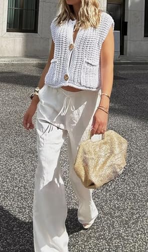 Image of CHARTOU Women Chunky Knit Vest Button Down Sleeveless Sweater Tank Tops Going Out Outfits