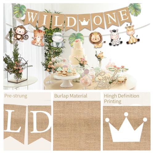 Image of Weecent Pre-Strung 6ft Burlap WIld One Banner for 1st Baby Birthday Decorations Jungle Safari Theme Neutral Jungle Animals Gender Reveal Party Decor