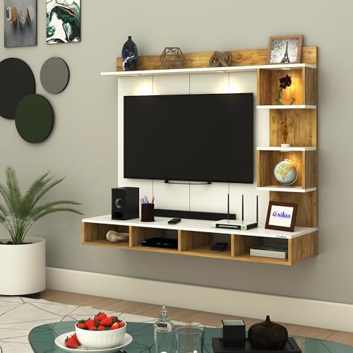 Image of Anikaa Kirina Engineered Wood Wall-Mount TV Unit with PVC Back Panel & LED Lights | TV Cabinet with Storage Box & Decorative Shelves (Gaintwood /White) ? Ideal for TVs up to 40 Inch | DIY Installation