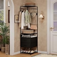 YU YUSING Metal Corner Coat Stand with Shoe Storage, 6-Tier Coat Rack with 10 Hooks 2 Fabric Drawers for Small Space, Freestanding Coat Rail for Hallway, Bedroom, Balck
