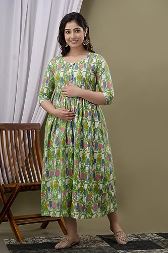 Image of Maternity Feeding Kurti for Women | Cotton Blend Anarkali Dress with Nursing Zip for Pre & Post Pregnancy