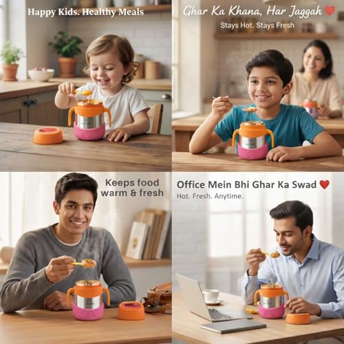 Image of Speedex Kids Insulated Food Jar 320ml Tango Pop (Orange), Stainless Steel Lunch Box with Handle & Spork, Leak Proof BPA-Free Double Wall Vacuum Tiffin, Hot & Cold Food Container
