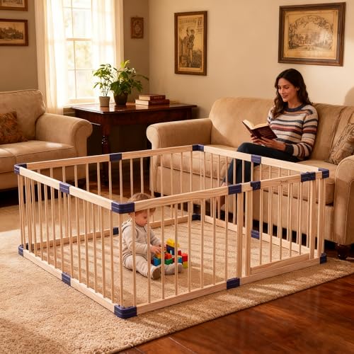 Image of Kids Play Fence with Door,Wood Playpen Baby Safety Play Center Yard, Safe Play Area Indoor Kids Safety Activity Center Playard w/Locking Gate, Without Mat