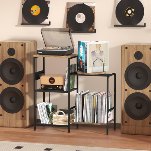 Lifewit Record Player Stand, Turntable Stand Holds Up to 280 Albums with 3 Storage Shelves and Rotating Record Display Rack, Vinyl Record Holder for Living Room, Rustic Brown, 30.2