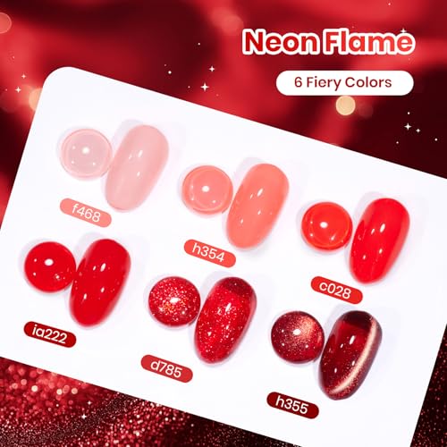 Image of Beetles Red Gel Nail Polish Set, Neon Flame Summer Shimmer Gel Polish, 6 Colors Coral Pink Cherry Red Burgundy Iridescent Gel Nail, Soak Off Uv DIY Manicure Set Gift for Women