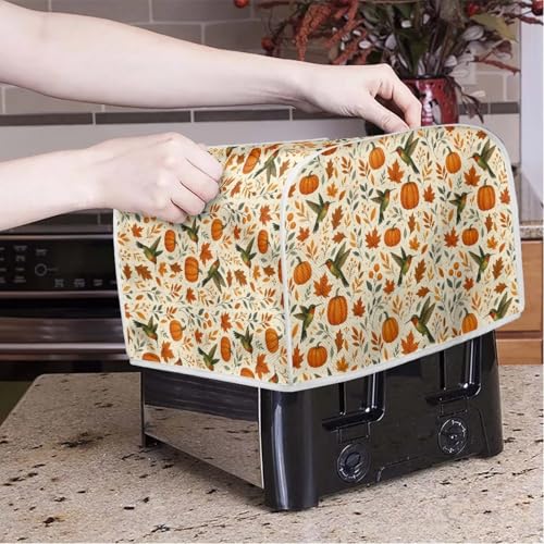 Image of Talayituse Hummingbird Pumpkin Maple Leaves Print Toaster Cover 2 Slice Wide Slot, Thanksgiving Decoration Lightweight Dust Protection Washable Appliance Bag Bread Maker Cover, S