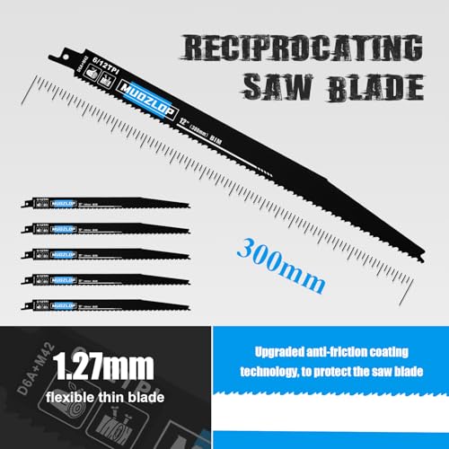 Image of 5 Pack 12 inch Reciprocating Saw Blades Set, 6 /12TPI High Carbon Saw Blades, Woodcutting Saw Blades with Organizer Case (5, 6 /12TPI /12 inch)