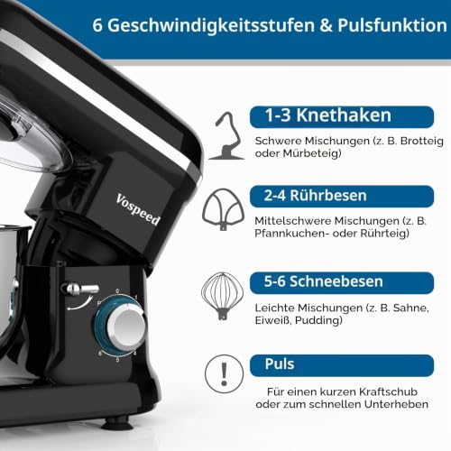 Vospeed Küchenmaschine 6.2L, Elektrischer Standmixer mit 6 Geschwindigkeiten, Knetmaschine zum...