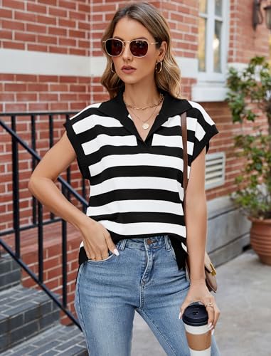Image of ZAFUL Tank Tops for Women Loose Fit Oversized Sweater Vest Lapel Collar Striped Sweaters Black S