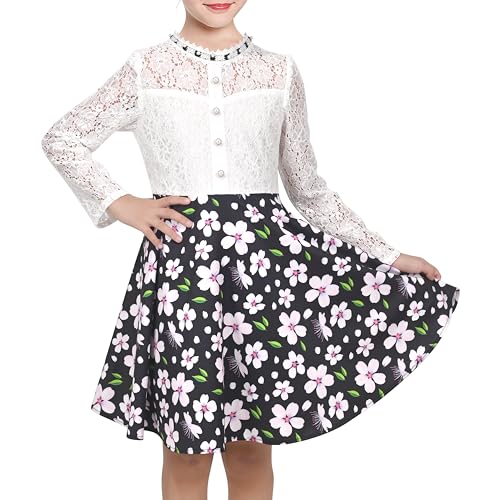 Sunny Fashion Mädchen Kleid Schwarz Blumen- Spitze Prinzessin Party Langarm Festzug Hochzeit Gr. 146,Schwarze Blume,146