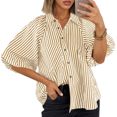 Image of Tankaneo Womens Short Puff Sleeve Button Down Shirts Striped Trendy Casual Loose Fit Blouse V Neck Collared Tops