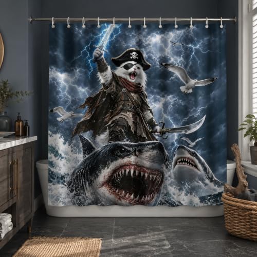 Image of Funny Cat Riding Shark Shower Curtain, Extra Long 70x78 in, Kids