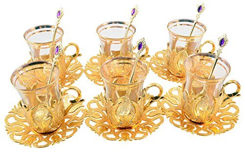 Turkish Tea Set for 6 - Glasses with Brass Holders Lids Saucers Tray & Glass Spoons,25 Pcs (Gold)