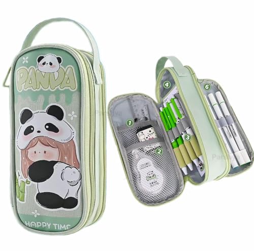 Image of Invite Two Layer Six Slot Premium Canvas Pencil Pouch for School Girls and Boys, Cute Aesthetic Stationery Items Kit Case, Large Capacity Stationary Pencil Box for Kids Gifts (Green Happy Time)