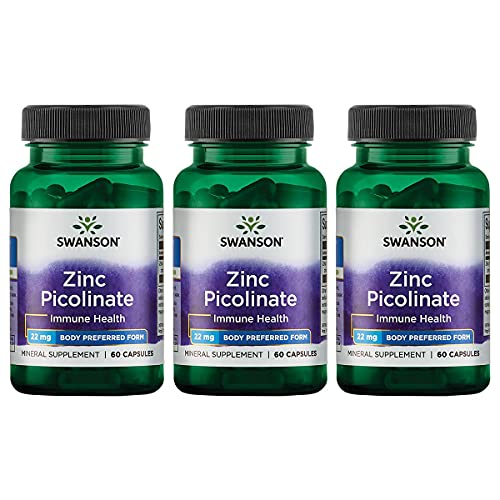 Swanson Zinc Picolinate - Mineral Supplement Promoting Prostate Health, Vision Health, & Immune Support - Body Preferred Form of Chelated Zinc - (60 Capsules, 22mg Each) 3 Pack