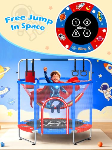 Image of BLUERISE 55IN 6FT Indoor /Outdoor Toddler Trampoline for Kids | Galvanized Steel Pipe，Multiple Activity Accessories，110lb，Safety Enclosure，Basketball Hoop，No-Gap Design，Anti-Rollover Bottom