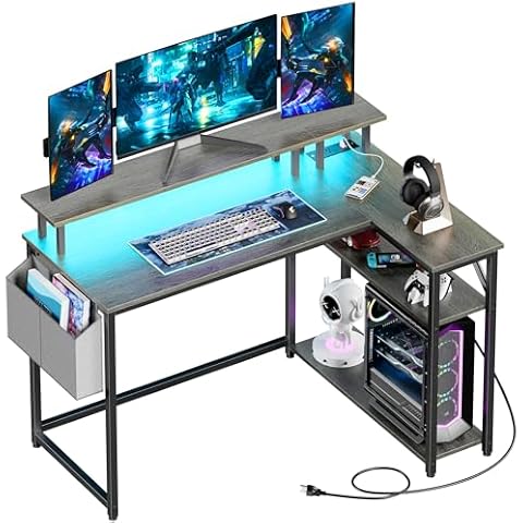 Mr IRONSTONE L Shaped Desk with Power Outlets & LED Lights, Computer Desk with Long Monitor Stand, 47 Inch Office Desk, Corner Desk for Small Space, Home Office Desk, Black Oak Cover