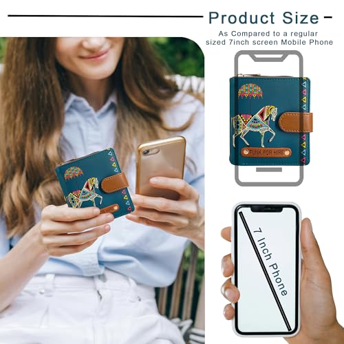 Image of Funk For Hire Women's Compact Wallet in Petrol Blue - Stylish Cartoon Print Leatherette Purse with Card Slots, Coin Pocket & Magnetic Closure - Handcrafted in India