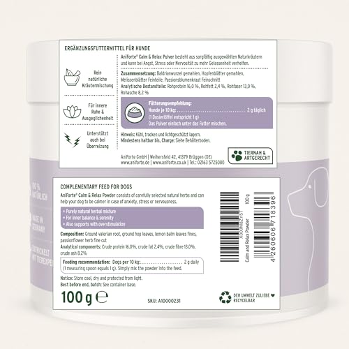AniForte natürliche Beruhigung für Hunde Calm & Relax 100g - Natürliches Beruhigungsmittel zur Entspannung & Ruhe, Heilpflanzen bei Angst, Stress, Unruhe, Überreizung, Nervosität, Silvester & Reisen