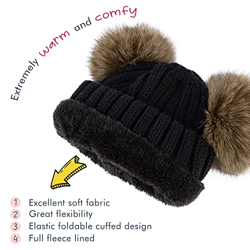 Image of Simplicity Warm Kids Boys Girls Winter Hat with Pompom Ears Elastic Knitted Toddler Beanie Hats for Girls Boys