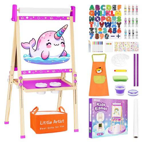 Easel for Kids Toys,Toddler Art Easel with Art Supplies, Height Adjustable Double-Sided Magnetic Dry Eraser Whiteboard and Chalk Board with Paper Roll,4 5 6 7 8 9 10 Year Old Girl Birthday Gifts