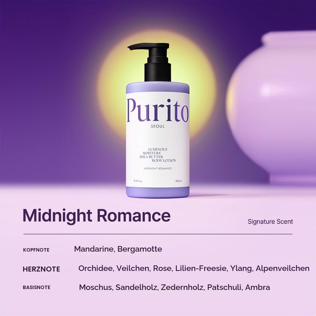 PURITO Luminous Moisture Shea Butter Body Lotion, Shea Butter, Gentle on Skin, Moisturizing, Dry Skin, Pump Bottle, K-Beauty, 300ml / 10.14 fl. oz. (Midnight Romance)