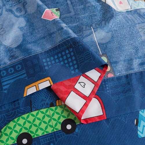 Image of Caressma Navy Toddler Bedding Set, 4 Pieces Boys Comforter with Car Print | Microfiber Kids Comforter with Cars,Buses & Traffic Lights Pattern, Includes Comforter, Fitted Sheet, Flat Sheet & Pillowcase