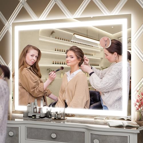 FENNIO Large Vanity Mirror with Lights,38" x 28" LED Makeup Mirror,Hollywood Mirror with 3 Color Modes & Adjustable Brightness,Vanity Mirror Square White