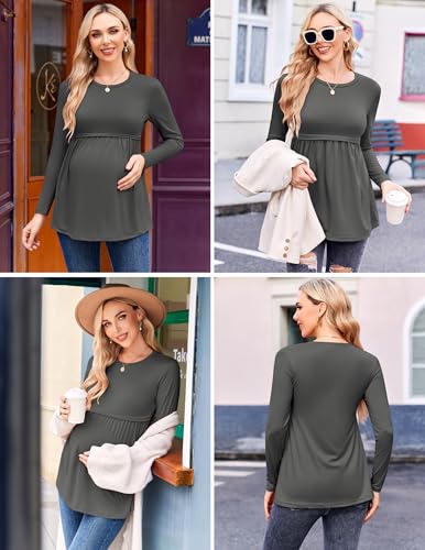 Ekouaer Maternity Shirts 3 Packs Pleated Long Sleeve Tops Tunic Casual Pregnancy Clothes Black/Brown/Grey XXL — view 4