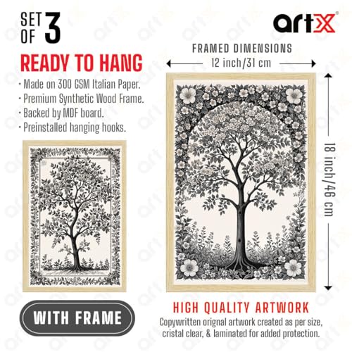Image of ArtX Paper Monochrome Paintings with Frame for Home Decor Wall Art, Black and White Wall Painting for Living Room, Multicolor, Natural Wood Color Frames, 12.0x18.0 inch, Set of 3