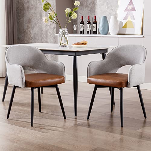 DUOMAY Juego de 2 sillas de comedor giratorias modernas, sillas auxiliares tapizadas de lino y piel sintética, silla de escritorio sin ruedas para comedor, sala de estar, oficina, color gris claro