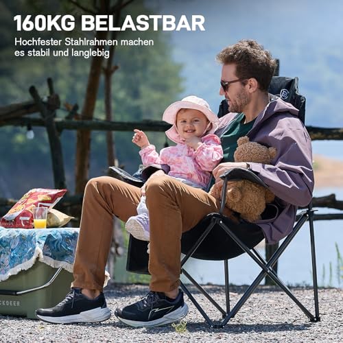 EVER ADVANCED Luxus Campingstuhl Faltbar 160KG Belastbar Ultragroß mit Hoher Rückenlehne, Bequemer Klappstuhl mit Seitentsche & Getränkehalter für Camping Garten Balkon Anglen, Gartenstuhl Angelstuhl