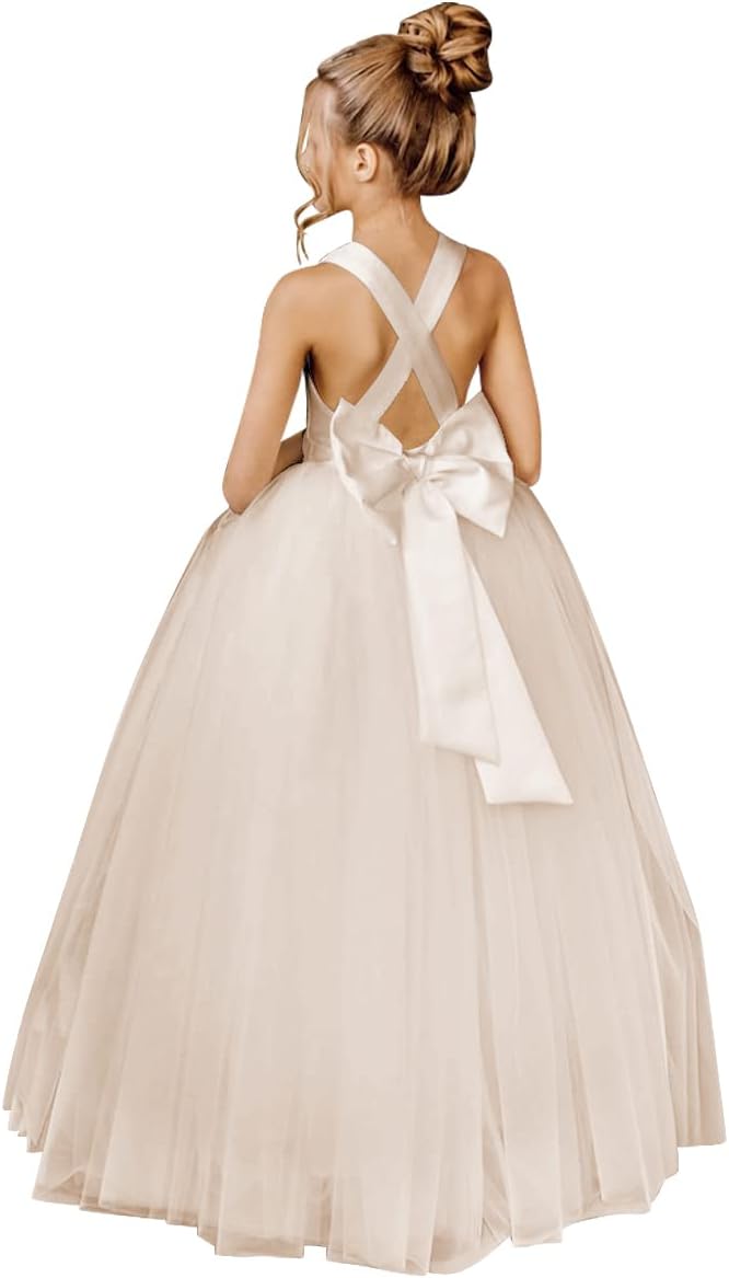 Crossed Straps Flower Girl Dress Satin Long Prom Dress with Bow Puffy Tulle Pageant Dresses for Girls