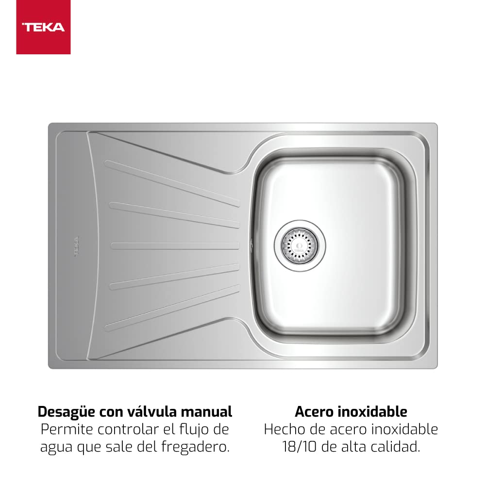 Teka Starbright 45 E-XP 1C 1E - Fregadero de 45 cm, Izquierda Encastrado, 1 Cubeta y Escurridor, Desagüe con Válvula Manual, Instalación por Encastre, Color Acero Inoxidable