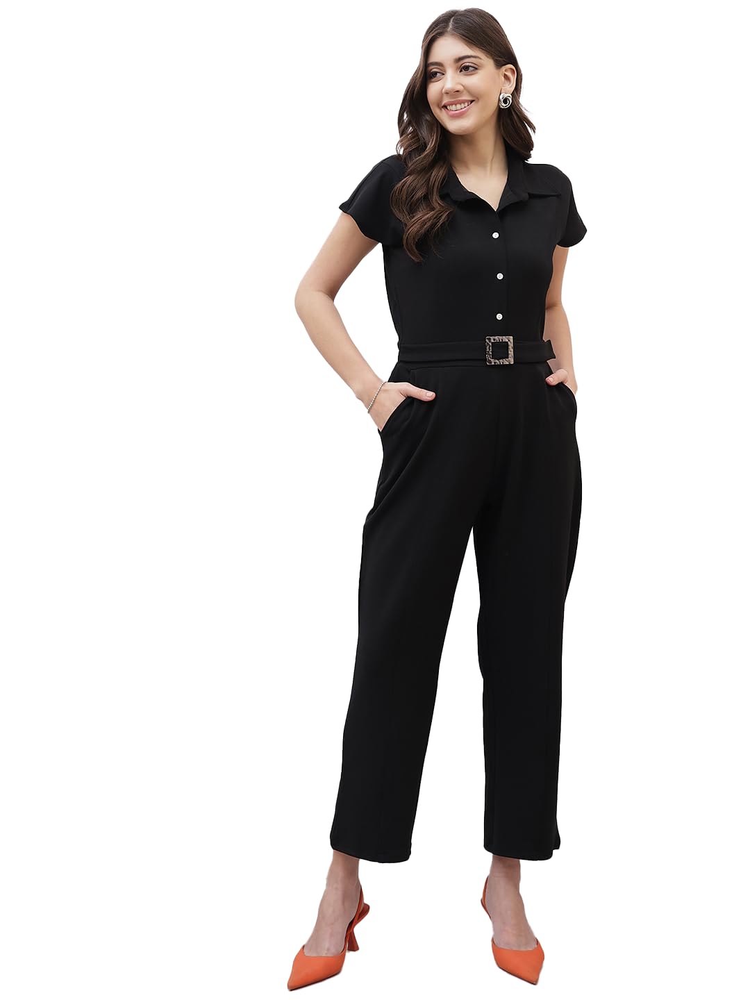 athena lifestyle Regular fit Waist Tie-Ups Polyester Short Sleeves Solid Smart Casual Jumpsuit-picture-33
