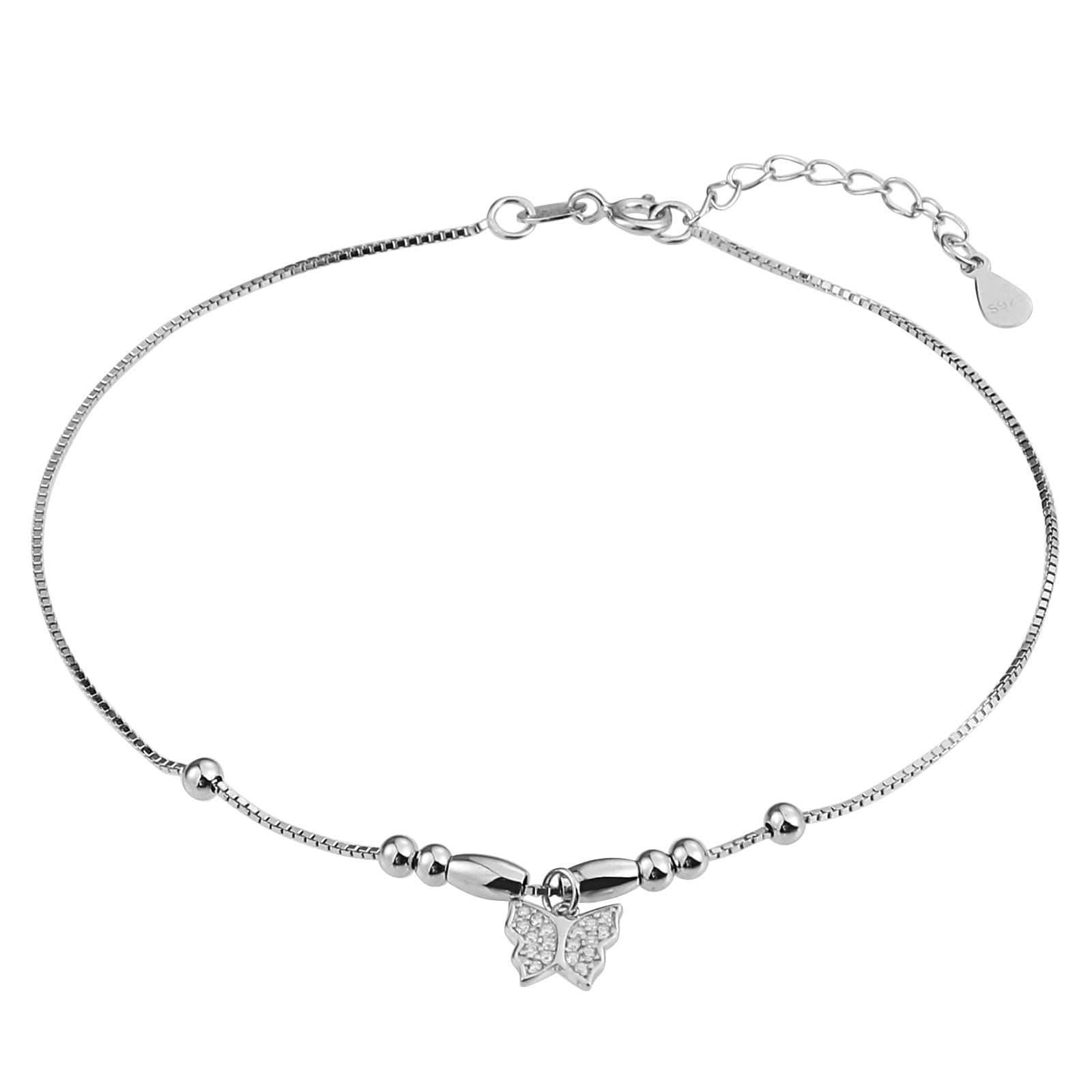 Beydodo Fußkette Damen 750 Weißgold, Fußkettchen 28CM Anhänger Schmetterling mit Zirkonia Fußkette Verlängerung Fußkettchen Urlaub Mädchen