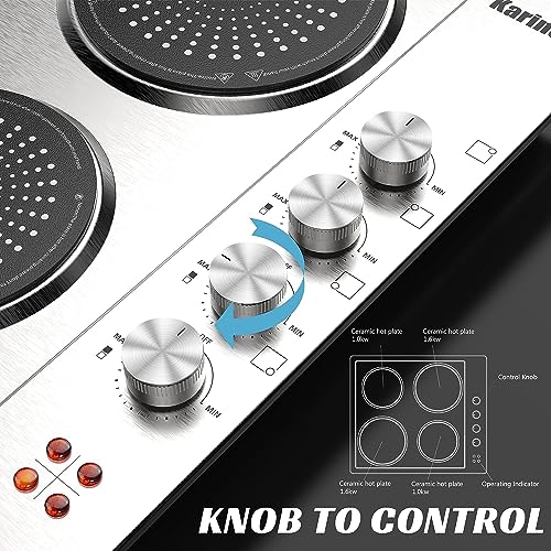 Karinear 24 inch Electric Stainless Steel Cooktop, 5200W Electric Hob for Cooking, Built-in and Countertop Ceraminc Stove Top with 4 Burners, Knob Control, 16 Power Levels, 220-240V, No Plug