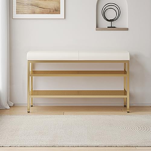 Banc de rangement à chaussures doré et blanc avec assise moelleuse