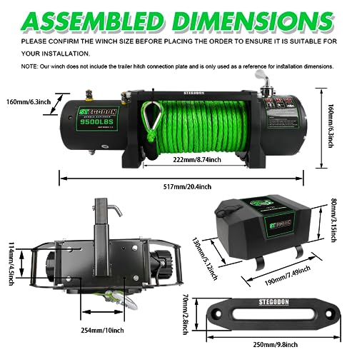 STEGODON Winch 9500lb Winch 12V Waterproof Electric Winch Synthetic Rope Winch with Wireless Remote and Corded Control for Truck SUV Jeep Wrangle (Green Rope) by STEGODON - Used condition - Image 2