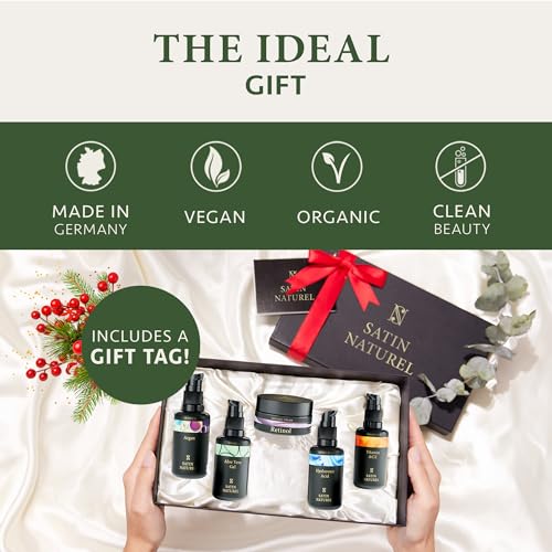 Birthday Gifts for Her with Hyaluronic Acid Serum for Face + Vitamin C Serum + Aloe Vera Gel + Argan Oil + Moisturiser 5x30ml, Gift Set Women - Gifts for Mum, Sister, Women Gifts - Satin Naturel - Image 3