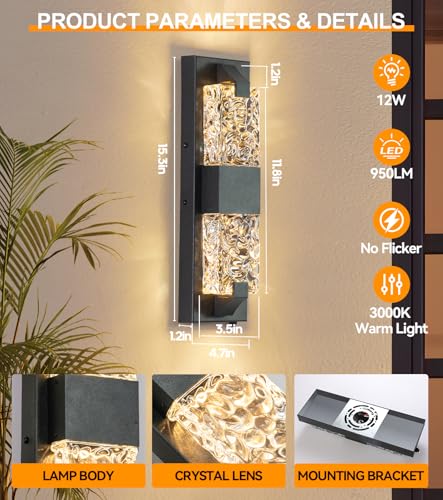 Image of Outdoor Wall Light Dusk to Dawn 12W LED | 15.3'' Exterior Wall Sconce, Crystal Modern Style, Wall Mounted, for Porch, Patio, Hallway, Backyard, Black