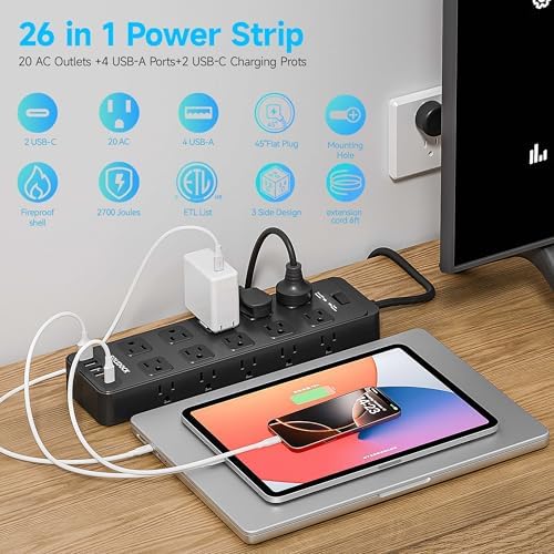 20AC Power Strip with USB Ports, Heavy Duty Surge Protector Power Strip 15 Amp, 6Ft Extension Cord with Multiple Outlets (Black, 6.5FT)