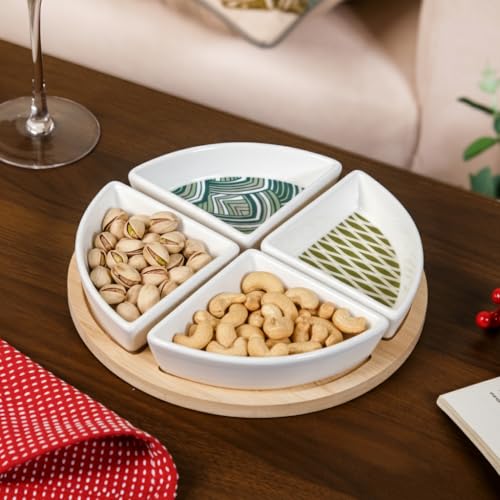Image of Nestasia Ceramic Serving Platter Set | 4 Small Sectioned Plates with 1 Circular Wooden Tray | 100% Food Safe Serving Tray Set - Perfect for Serving Sweets, Dips, Dry Fruits & Snacks (Green & White)