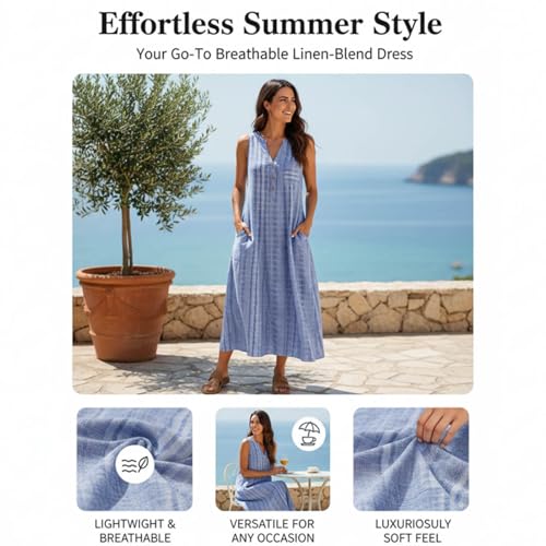 Image of Women Casual Dress Summer Stripe Button V Neck Sleeveless with Pocket Long Dresses Holiday Beach Party Midi Dress